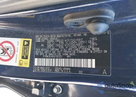 2013 Toyota Highlander Se V6 z USA, uszkodzony, nr VIN 5TDBK3EHXDS195353